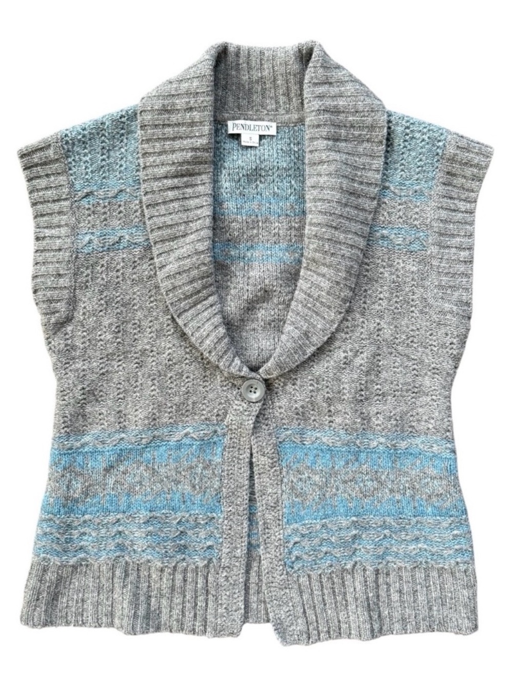 Vintage Pendleton Women's Gray & Blue Wool Knit Sweater Vest Shawl Collar
Size S
